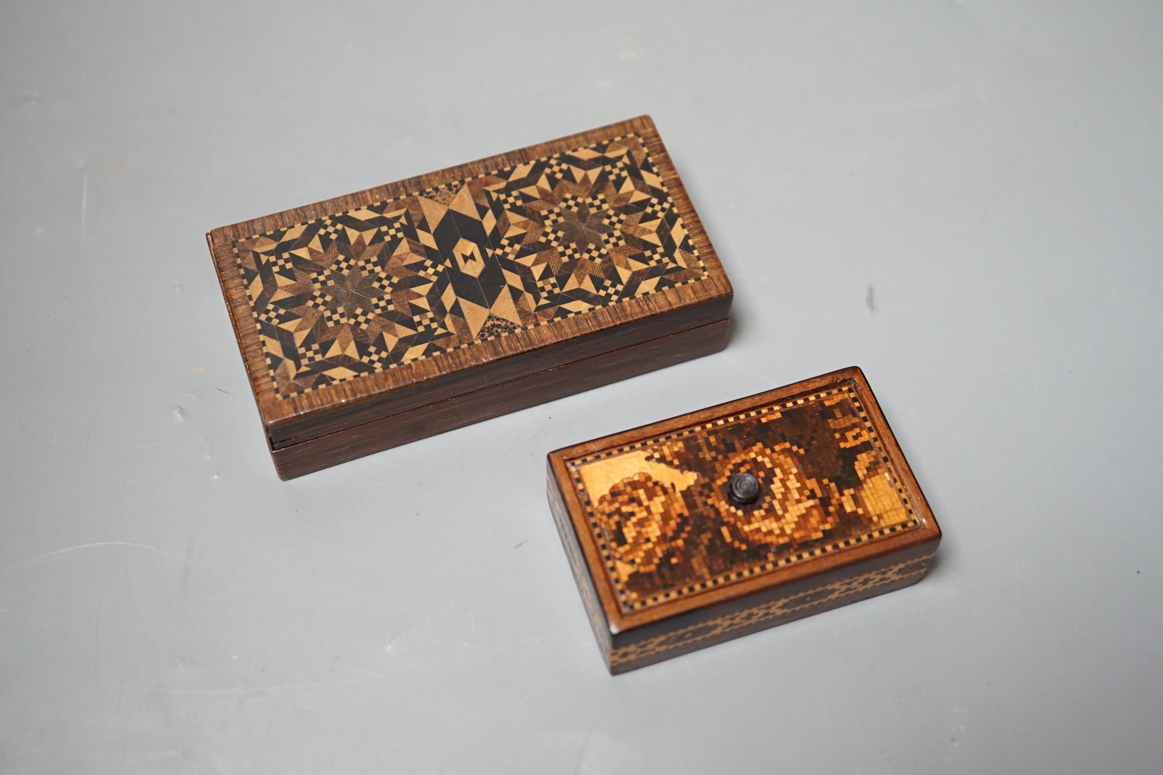 A Tunbridge ware rosewood half square mosaic box, label for Edmund Nye and a similar rosewood and mosaic small box, widest 10.5cm